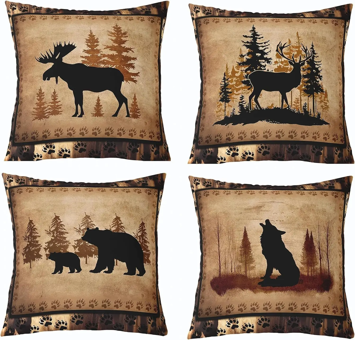 4Pcs Forest Wildlife Throw Pillow Covers Moose Deer Bear Wolf Silhouette Cushion Cases with Paw Print Border for Living Room