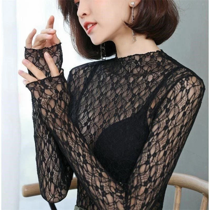 

High Neck Lace Bottomed Blouse Women Autumn and Winter New Style Foreign with Mesh Temperament Immortal Long Sleeve Slim