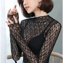 High Neck Lace Bottomed Blouse Women Autumn and Winter New Style Foreign with Mesh Temperament Immortal Long Sleeve Slim