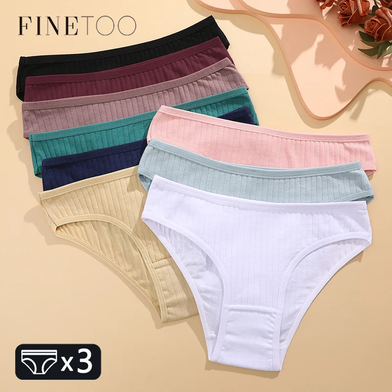 FINETOO-Conjunto de 3 bragas de algodón para mujer, ropa interior Sexy suave a rayas, calzoncillos de Color sólido, lencería elástica cómoda, M-XL