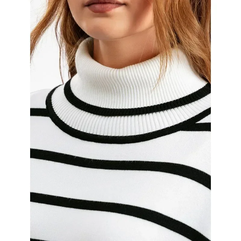 Autumn Winter Women\'s Sweater Pullover Basic Long Sleeve Turtleneck Jumper Striped Knitwear Vintage Knitted Sweaters for Women