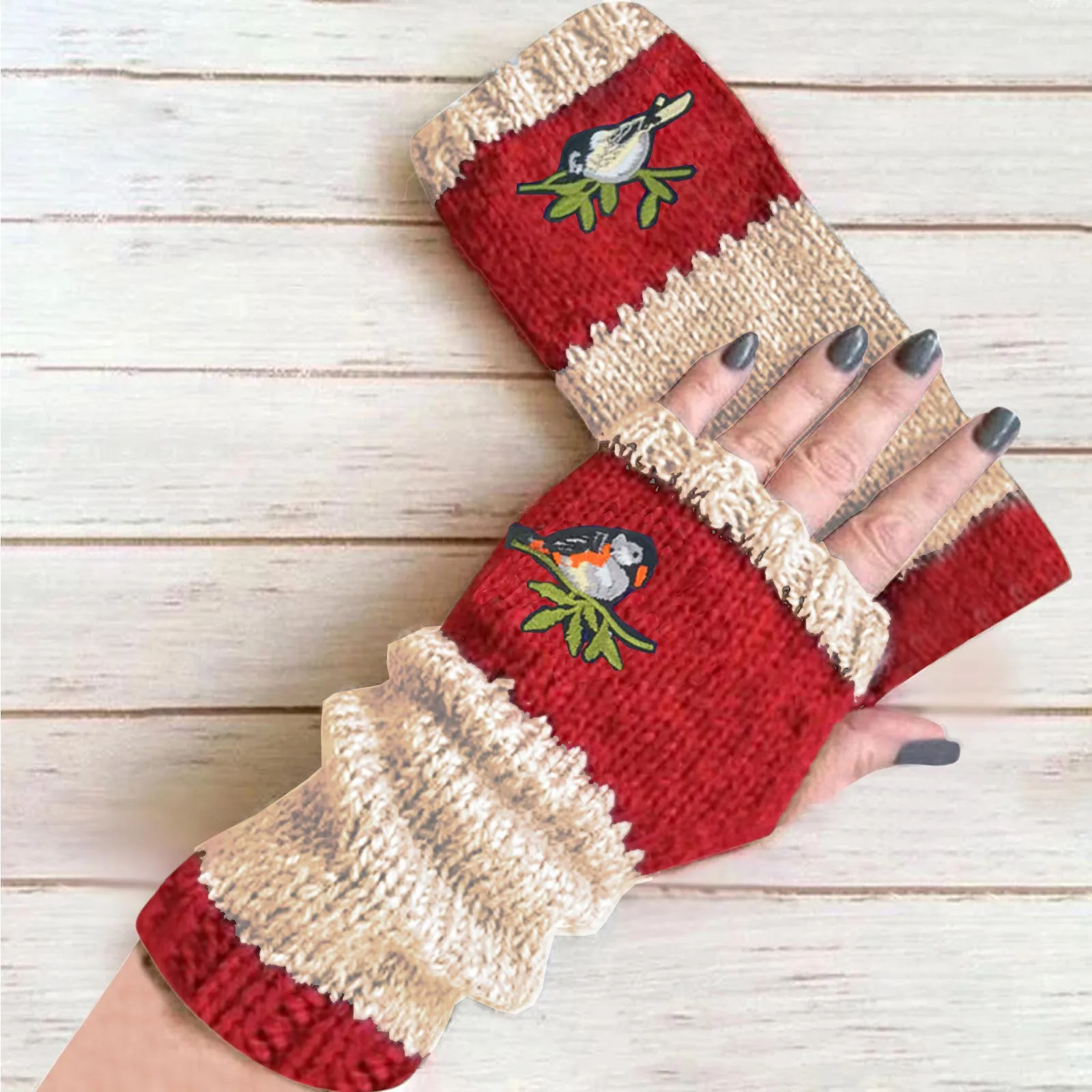 

Women Winter Gloves Fashion Cute Bird Embroidered Soft Knit Hand Warm Fingerless Mitten For Office Computer Working