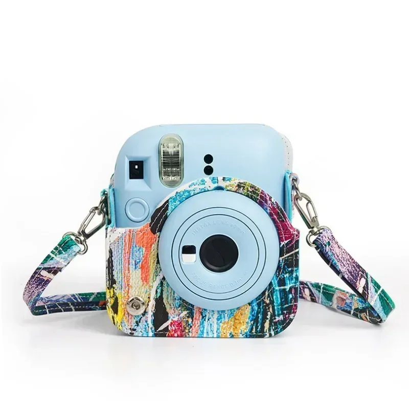 PU Leather Camera Case For Fujifilm Instax Mini 12 Instant Camera Bag Painting Color Graffiti Case Adjustable Strap and Pocket