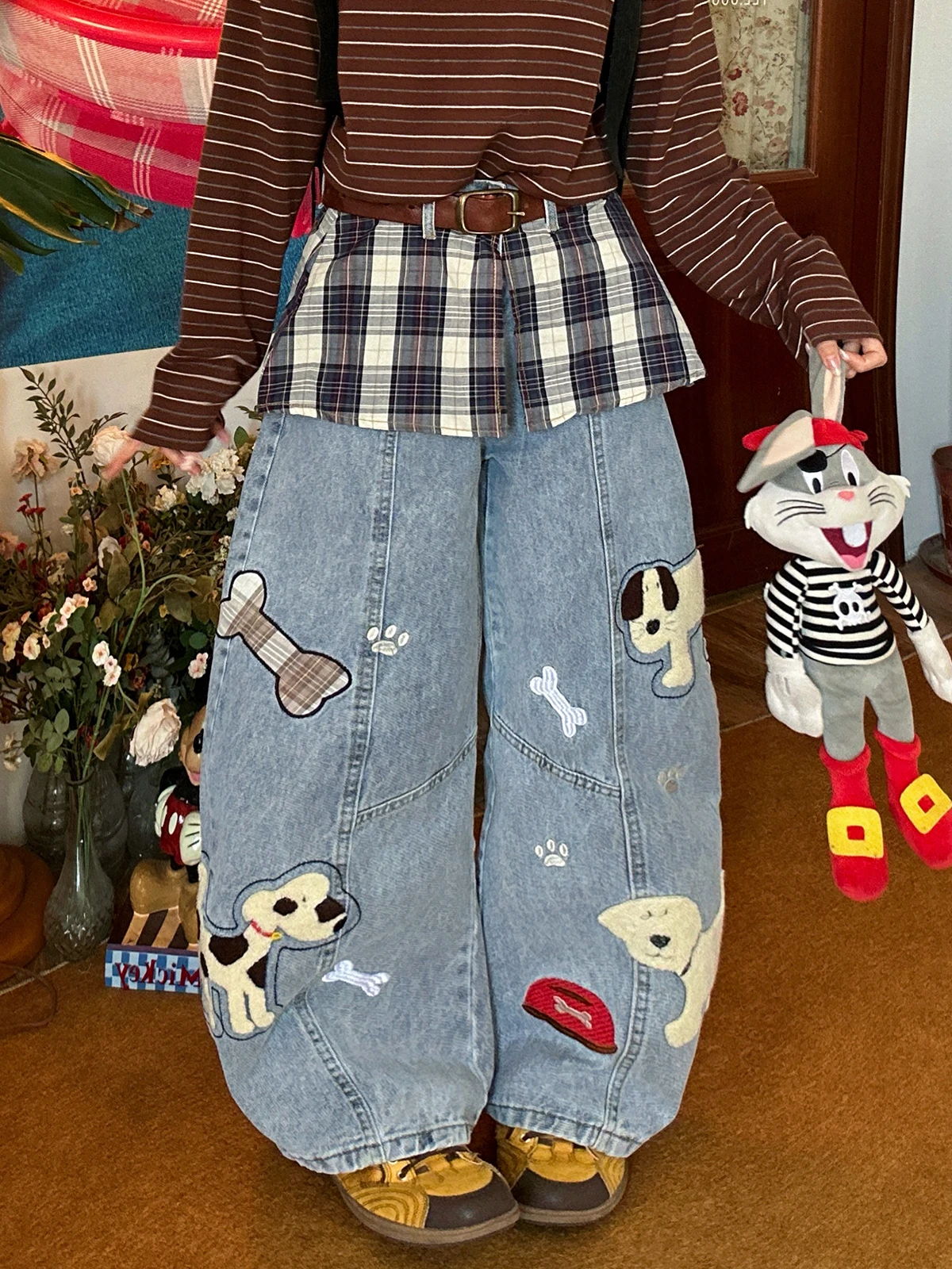 

Retro American Cartoon Embroidered Fce Wide Leg Jeans High Waist Loose Fit Women's Premium Quali Spring New Sle