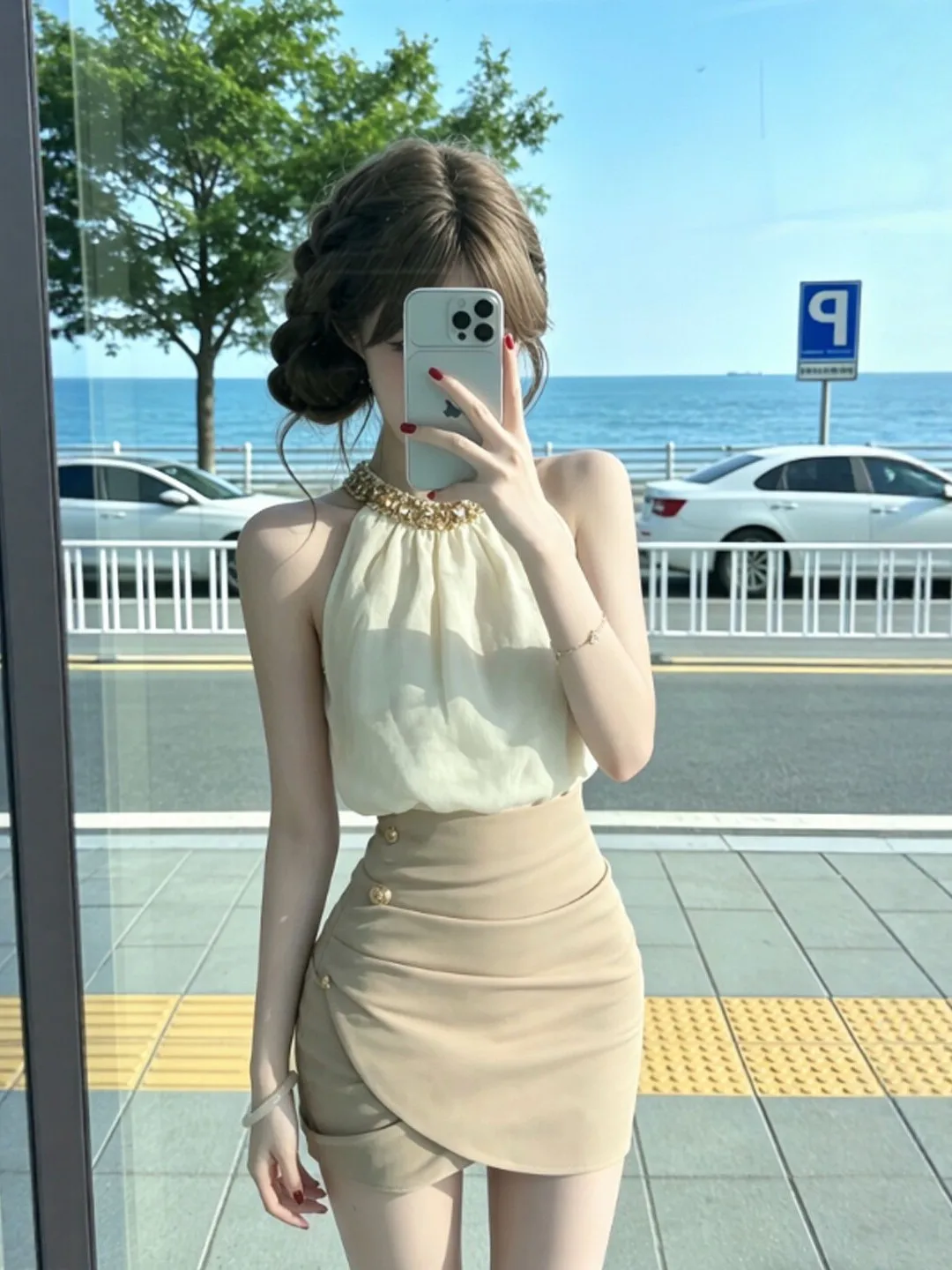 

Chic Summer Outfit Unique Beautiful Strap Top And Short Skirt Two Piece Set High Waist Slim Fit Cotton Comfortable Casual Wear