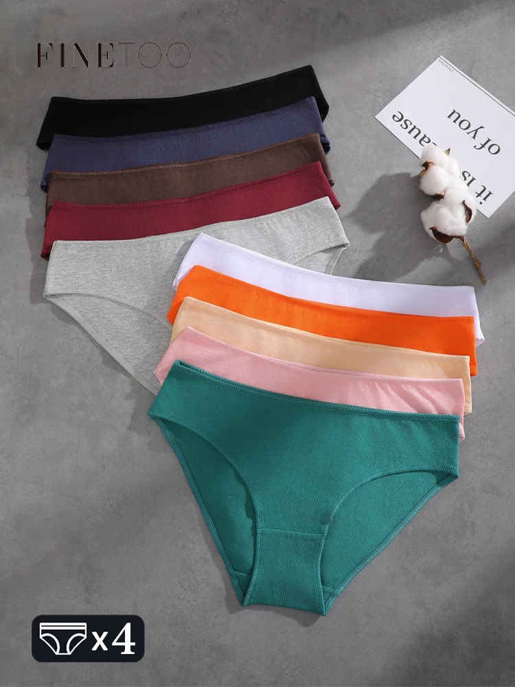 FINETOO 4Pcs/Set Cotton Seamless Panties Women's Sexy Breathable Underpants Solid Color Stretchy Briefs Female Low Rise Lingerie