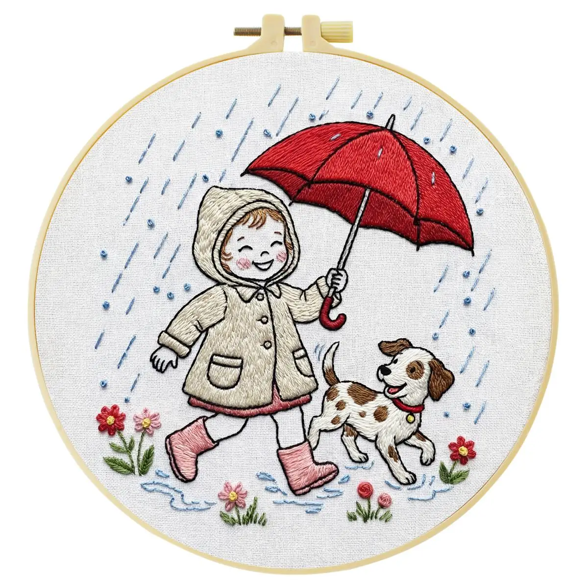 1 Stück 20X20CM/15X15CM 7,87/6,3 Zoll Das glückliche Mädchen im Regen Stickerei-Starter-Kit DIY-Kit DIY-Stickerei-Kit Handarbeiten – Detail 4