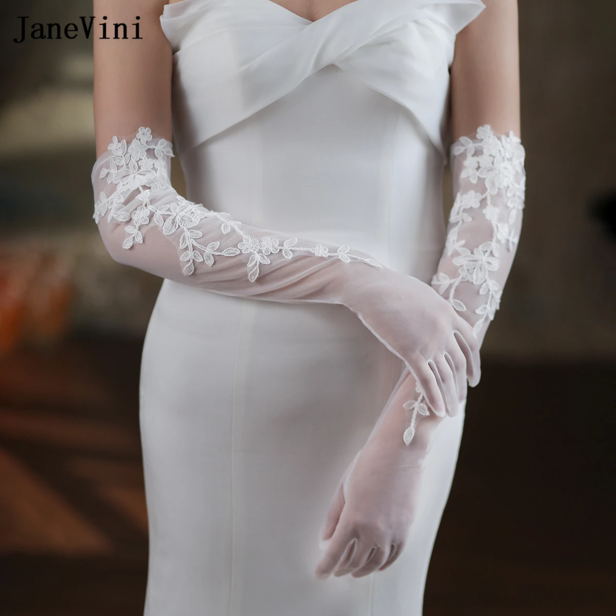 JaneVini 2023 Elegant Korean Ivory Long Bridal Gloves with Lace Appliques Full Finger Tulle 60cm Glove Wedding Dress Accessories