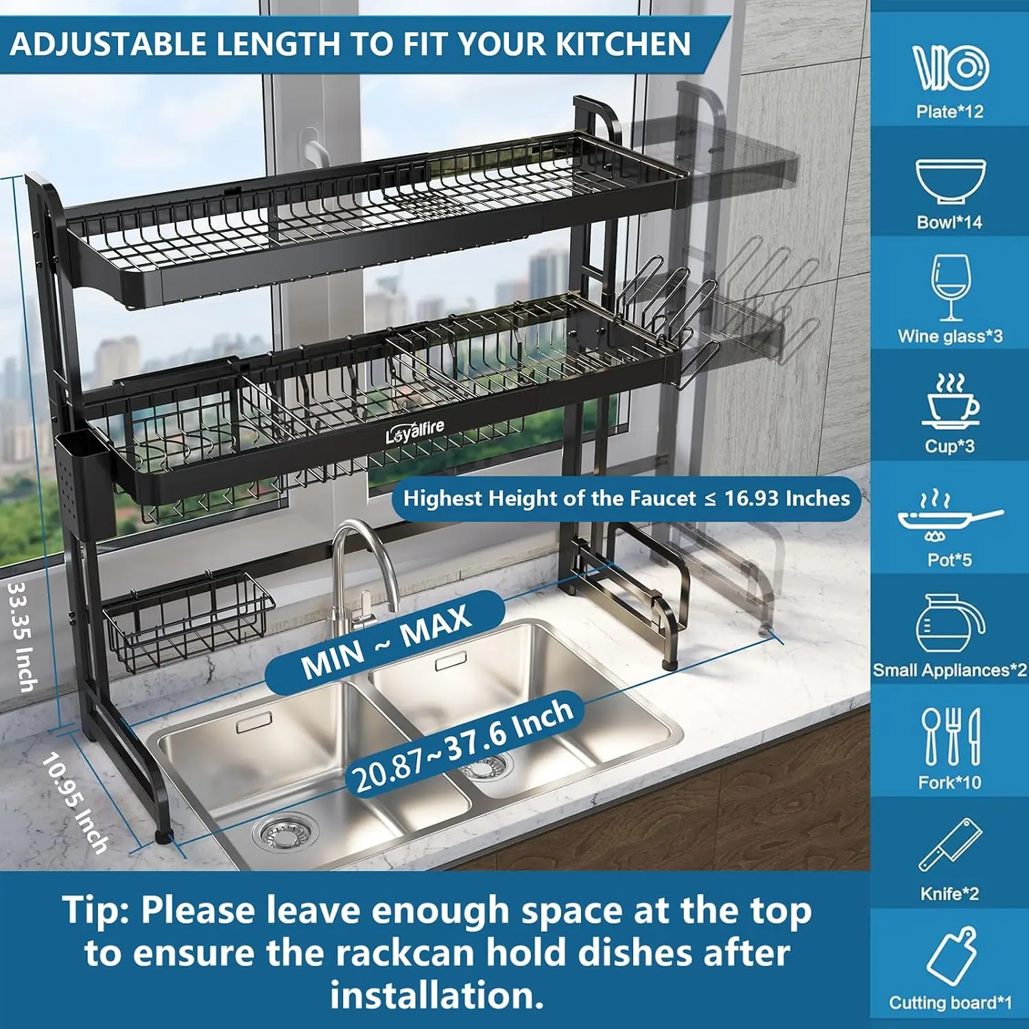 Over Sink Dish Drying Rack, 3 Tier Adjustable Length (20.87'' to 37.6'') Full Stainless Steel Large Storage Kitchen Dish Rack, E