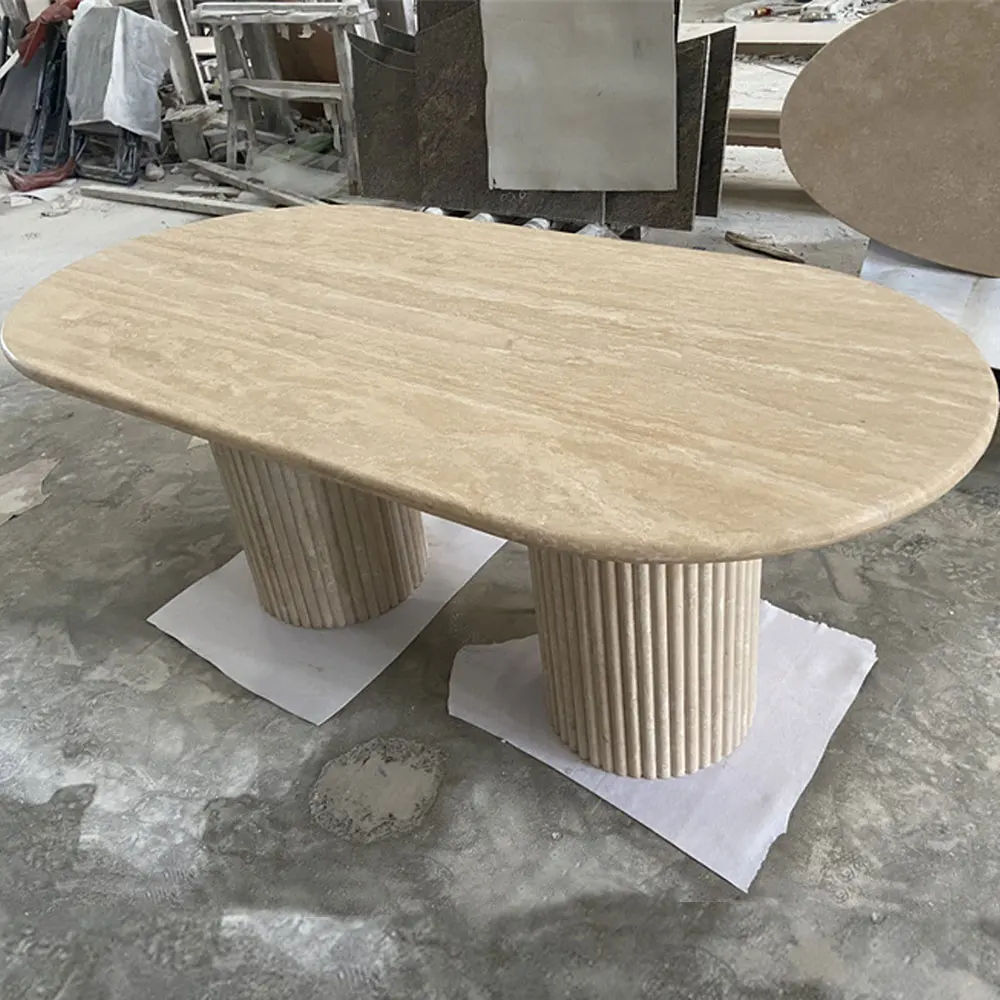 Home Decor Cava Fluted Oval Stone Table Beige Travertine Marble Dining Table With Tavertine Base