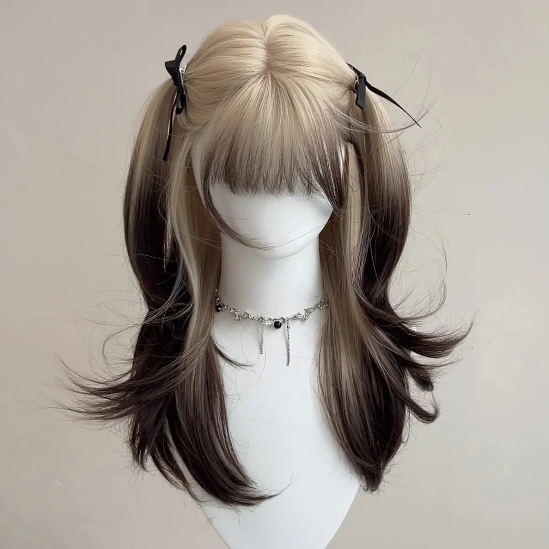 

Synthetic Long Straight Ombre Blonde Black Layered Wig with Bangs Fluffy Lolita Cosplay Women Wig for Daily Party