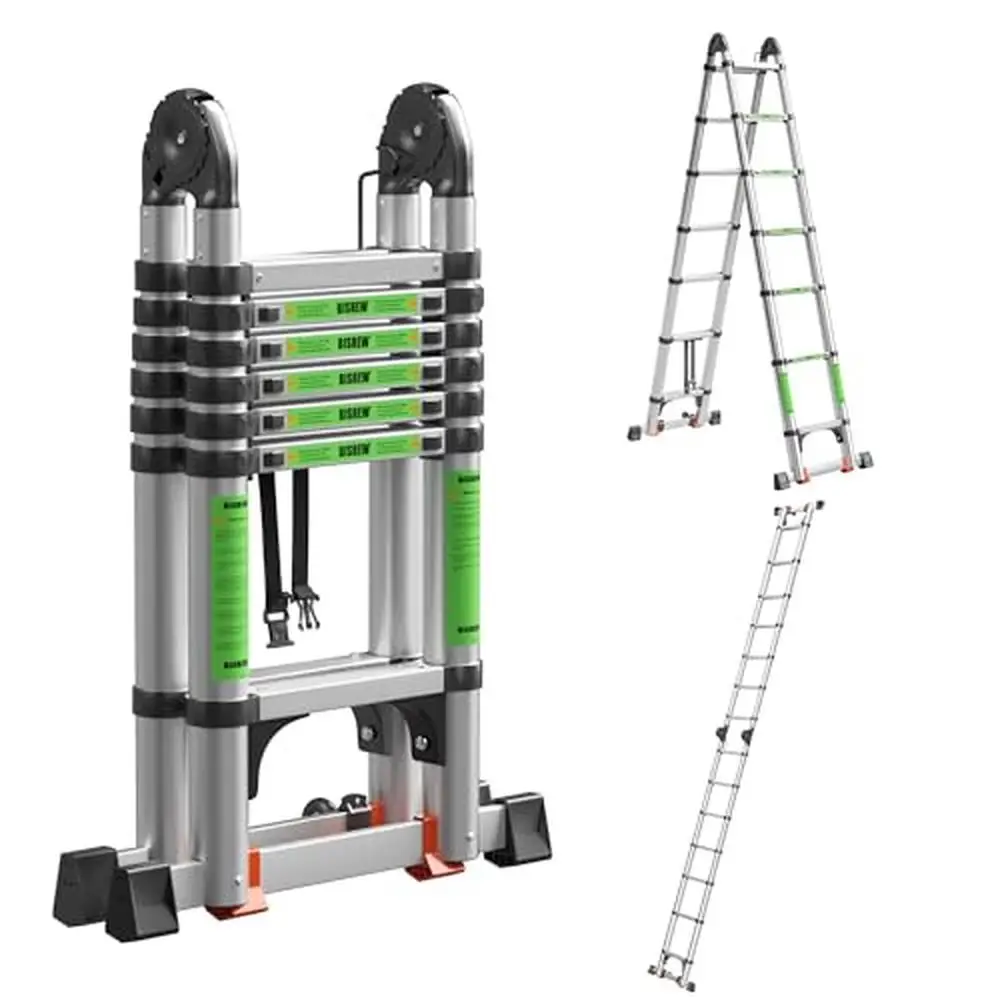 

Telescoping A-Frame Ladder 19ft/9.5ft Multi-Purpose Aluminum RV Foldable Extension Commercial Heavy Duty Resilient Sturdy