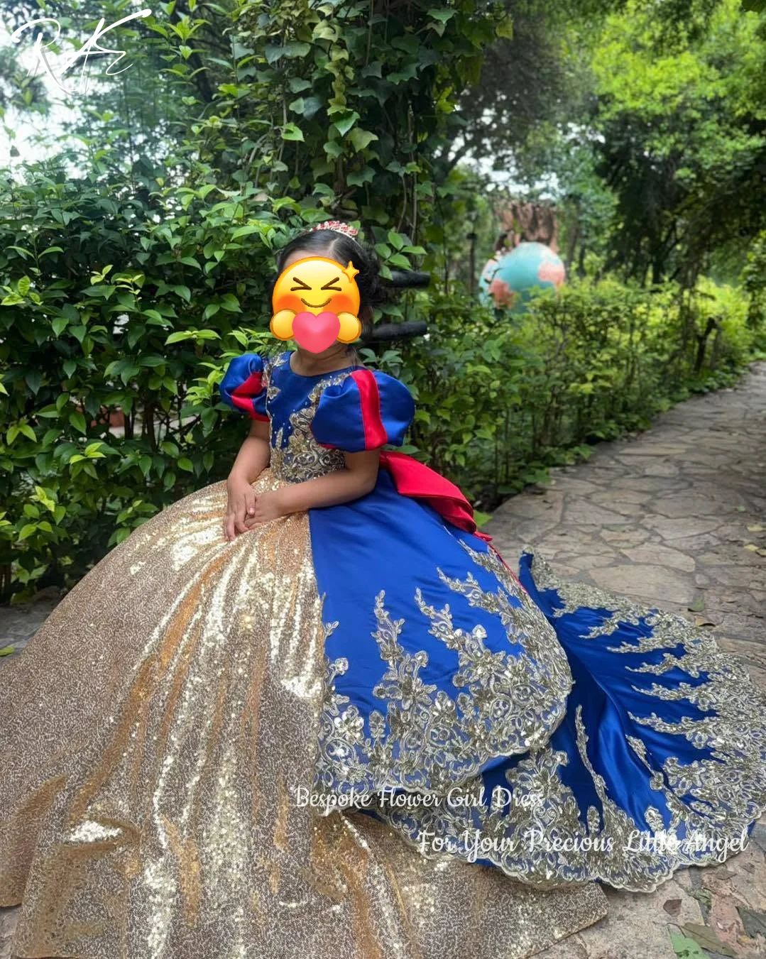 Blue Satin Flower Girl Dress Puff Short Sleeves V Back A Line Floor Train Gown Back Bow For Photoshoot Customized