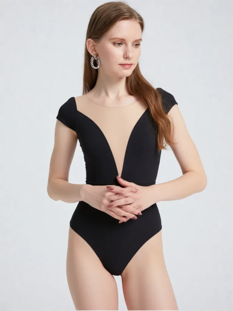 Women's Short-Sleeved Deep V Yoga Bodysuits Ballet Practice Tights Dance Gym Clothes Teacher Body Suit Stitching Design