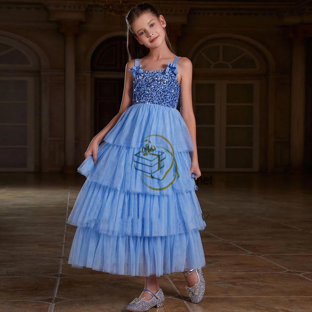 Vestido de flor em camadas brilhantes para casamento, lantejoulas azuis Tule, sem mangas, vestidos infantis, festa de aniversário, primeira comunhão