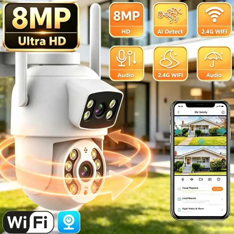 8MP 4K Wifi Surveillance Camera Dual Screen PTZ IP Camera Ai Human Detect Auto Tracking Wireless Outdoor Surveillance Camera
