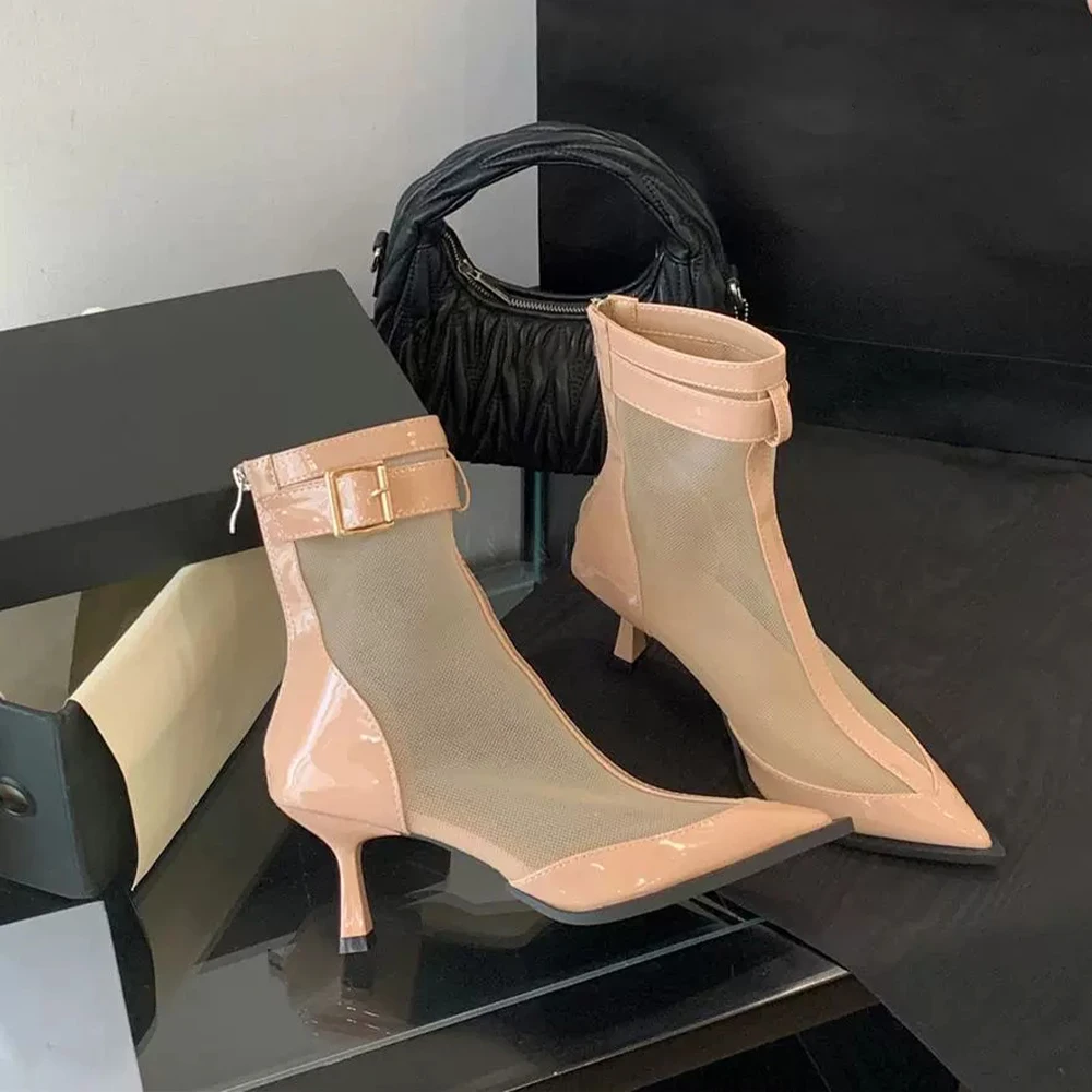 إمرأة عودة زيبر عالية الكعب مغلق أشار تو براءات الاختراع والجلود شبكة الكاحل الجوارب خنجر الكعوب أحذية الصيف لحفلة التاريخ