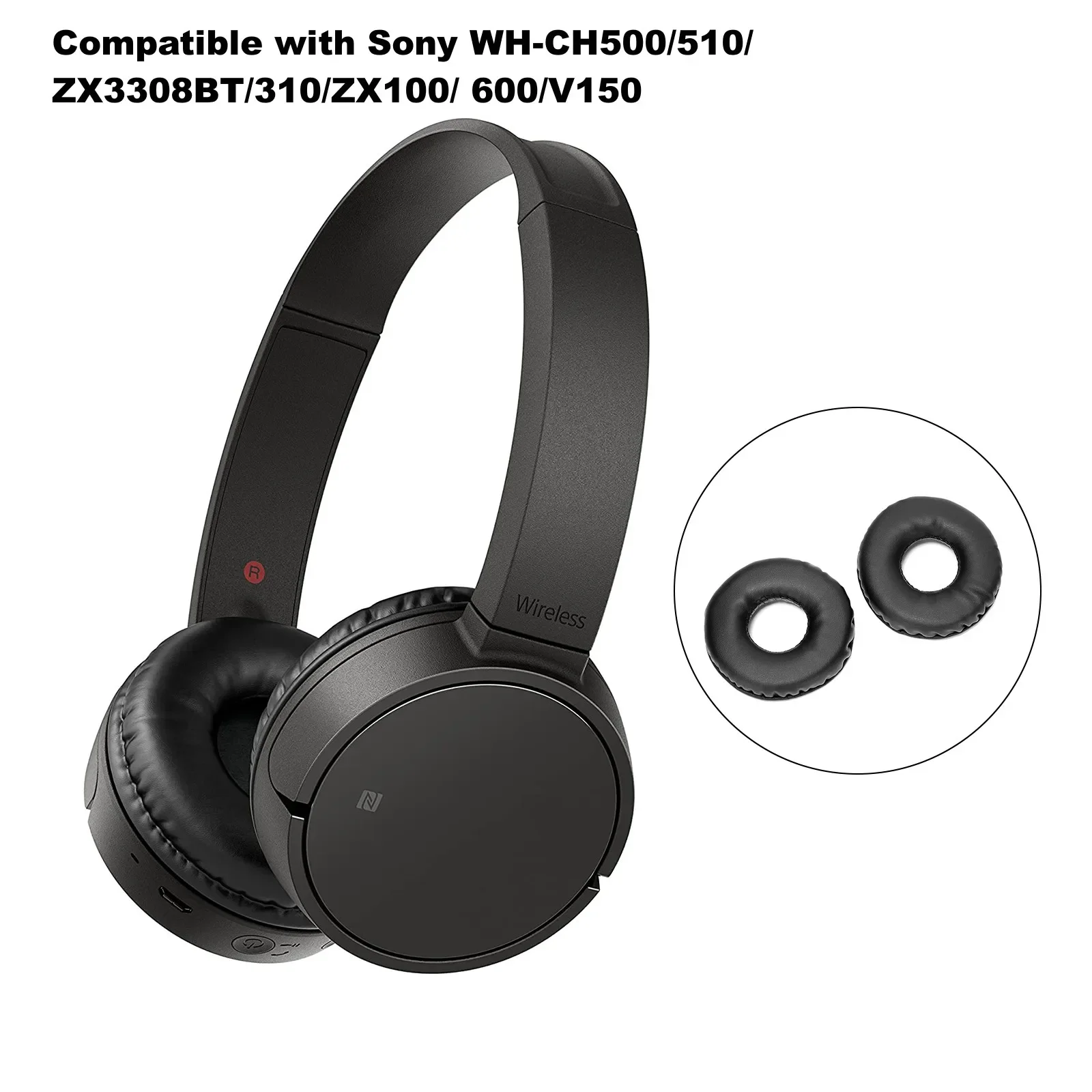 1 Pair Protein Leather Black Ear Cushions Compatible with Sony WH-CH500/510/ZX3308BT/310/ZX100/ 600/V150 Earphones Ear Pads