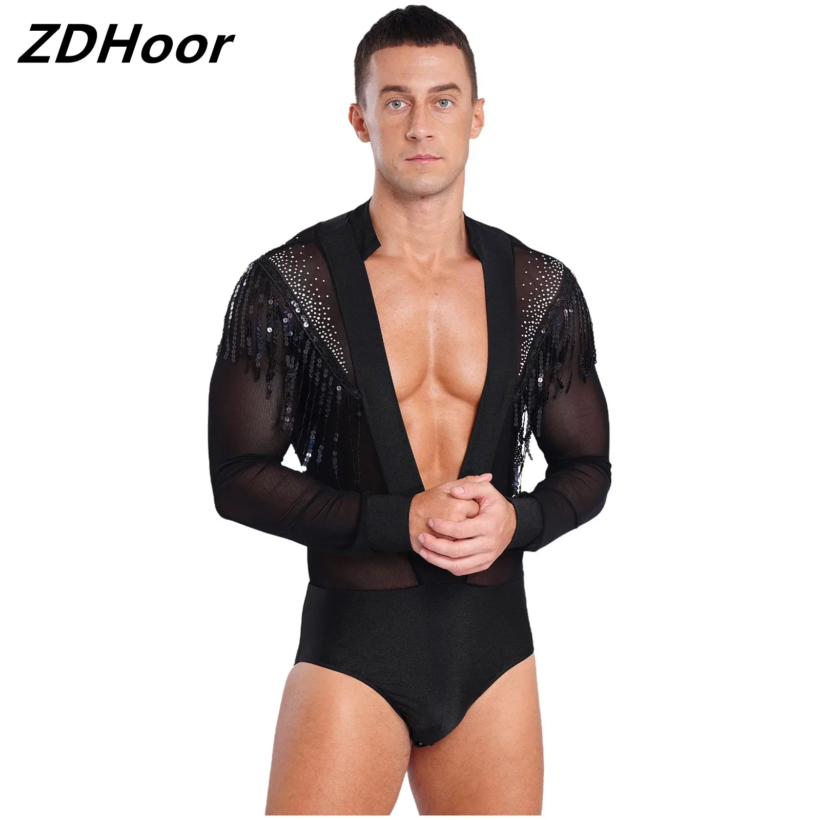 

Mens Latin Dance Leotard Deep V-neck Sheer Mesh Sequined Tassels Rhinestones Bodysuit for Salsa Competition Stage Performance