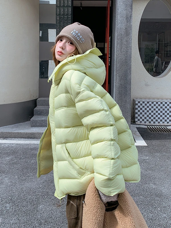 

Желтая женская зимняя теплая пуховая куртка с капюшоном, на молнии, с высокой талией, из перьевого пуха