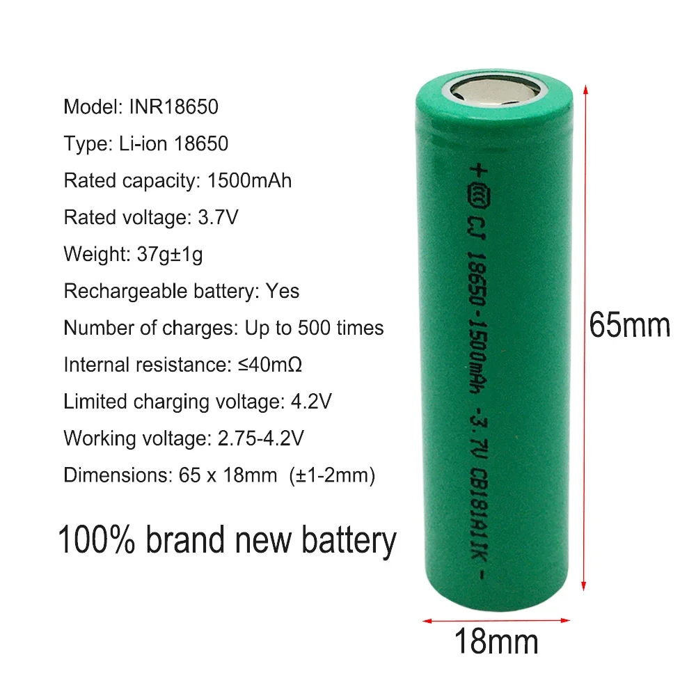 18650 100% Original  3.7V 1500mAh Rechargeable Battery For Our 18650 Toys, Tools, 9 LED mini flashlight etc