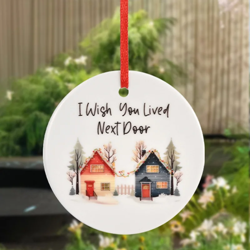 قطعة واحدة، قلادة سيراميك مستديرة، قلادة بنمط المنزل، قلادة تزيين شجرة عيد الميلاد DIY، 3 بوصات، مناسبة لمشاهد الحفلات