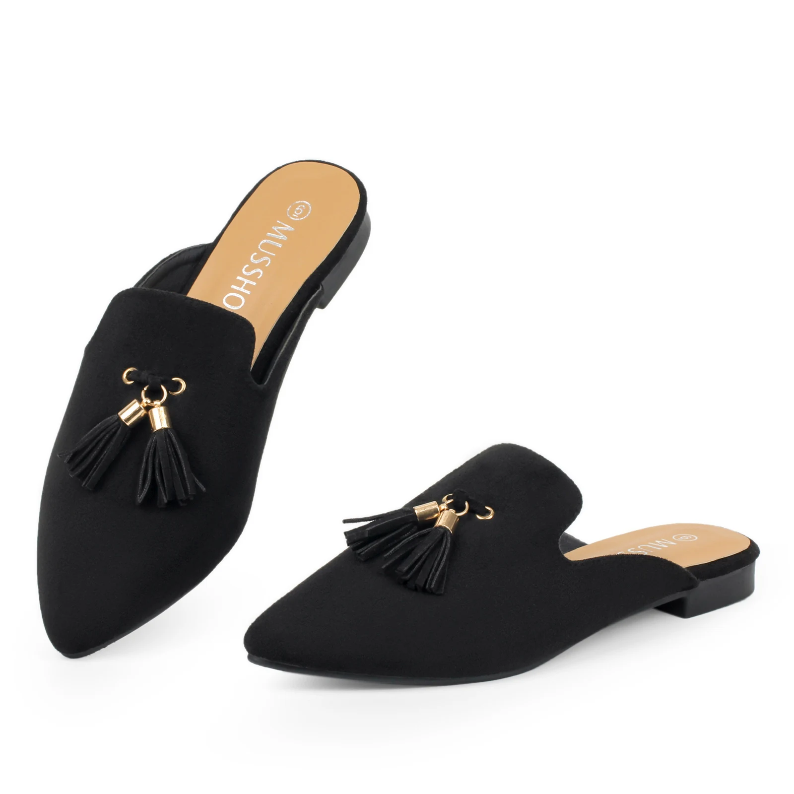 Comfortable Pointed Toe Backless Slip-on Slides Loafer Flats with Tassels Summer Tassel Flat Slippers