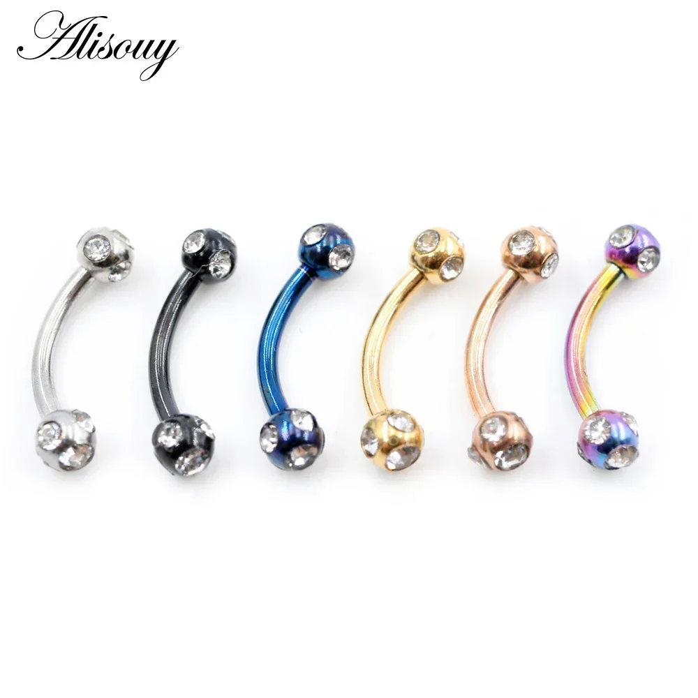 Alisouy 2 Pieces Eyebrow Banana Piercing Crystal Stone Tongue Rings Labret Piercings Lip Ring Piercing Earrings Body Jewelry