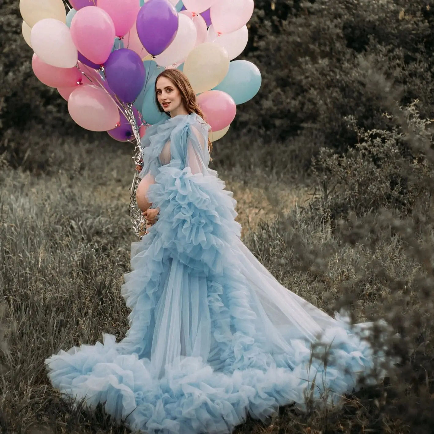 

Sweet Girl Maternity Prom Dresses Vintage Tulle Robe Perspective Sheer Tulle See Through Long Dressing Gowns Fluffy Photoshoot