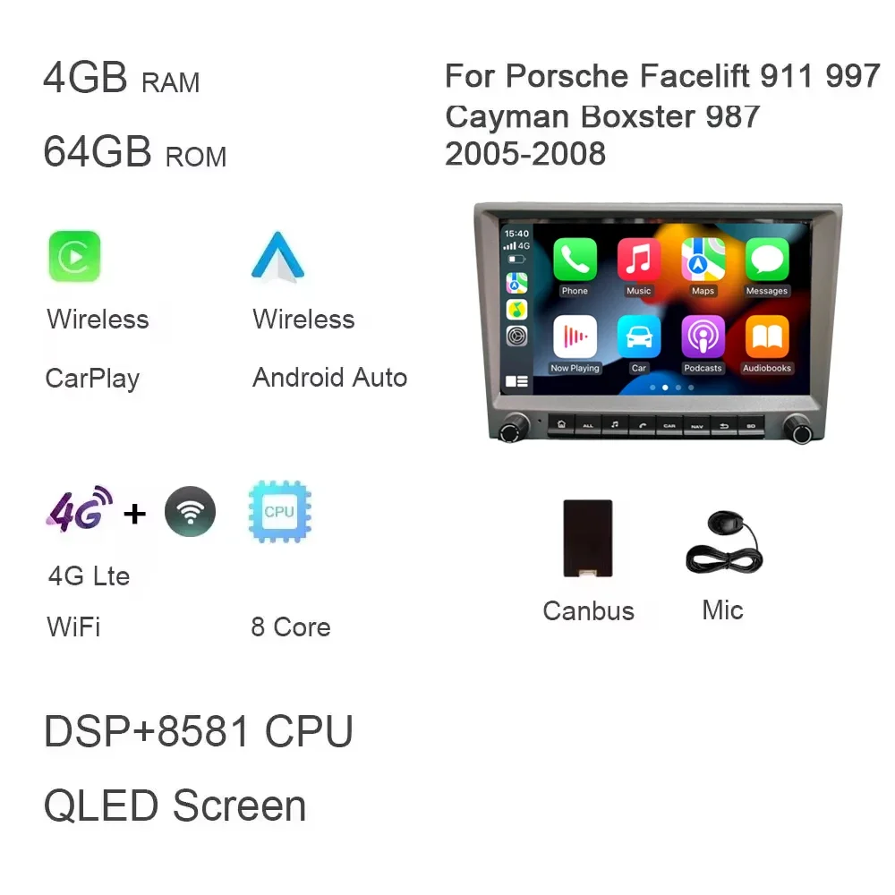 Grijs 720P CarPlay 8 "Android 14.0 Auto dvd-speler 8 Core 4GB DSP multimedia GPS autoradio Voor Porsche 911 997 987 Cayman Boxster