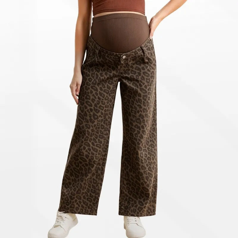 Maternity Pants Leopard Print Jeans Adjustable High Elastic Belly Support Wide Leg Casual Pregnancy Woman Trousers