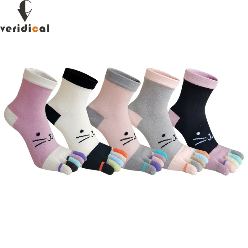 Pure Cotton 5 Finger Socks Short Women Colorful Cat Cartoon Soft Elastic Breathable Young Casual Harajuku Toe Socks 4 Seasons