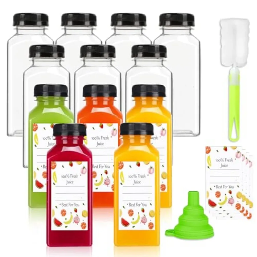 Plastic Juice Bottles with Caps 12Pcs -12oz Reusable Juice Containers with Tamper Proof Lids Black - Clear Bottles for Juicing
