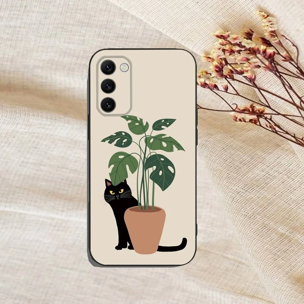 Plants and Cat Minimalism Phone Case For Samsung Galaxy A13,A21s,A22,A31,A32,A52,A53,A71,A80,A91 Soft Black Cover