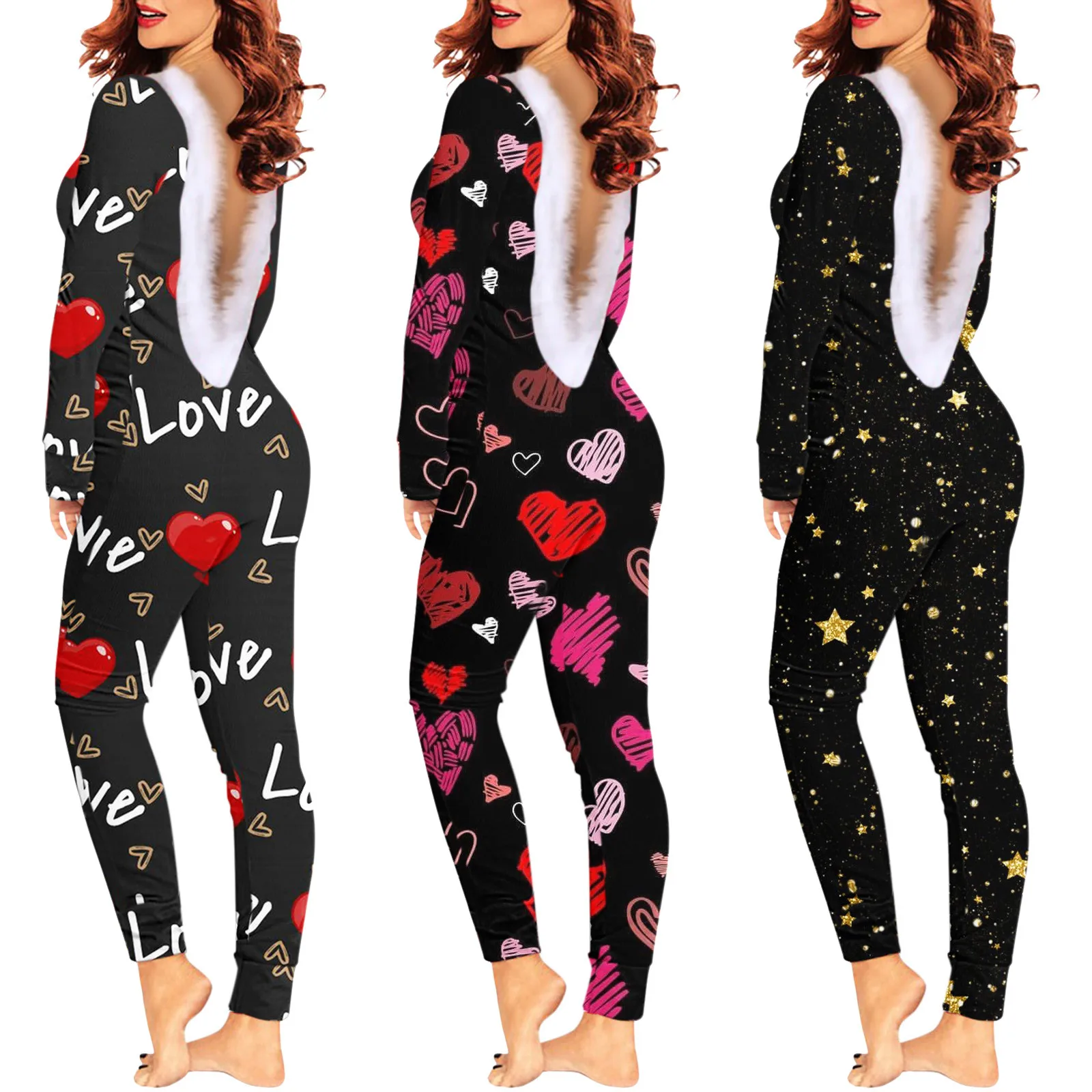 Women Sleepwear Rompers Print V Neck Long Sleeve Jumpsuit Open Back Furry Adult Pajamas Playsuit Bodysuit Jumpsuit Long Sleeve