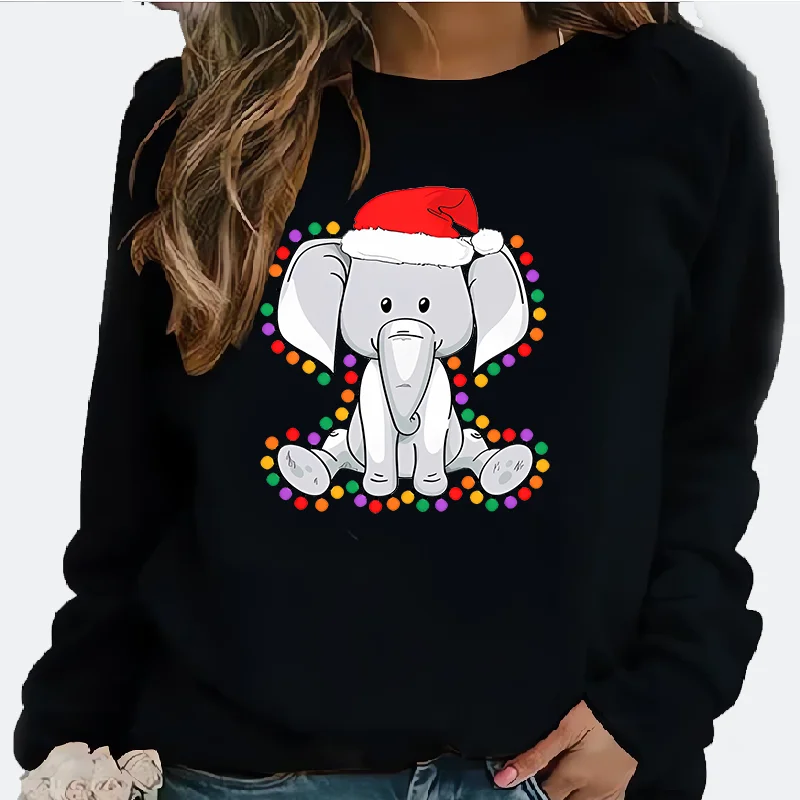 

Christmas Autumn Winter Cute Christmas Elephant Wearing Christmas Hat Printed Pattern Crew-neck Hoodie Streetwear Sweatshirts