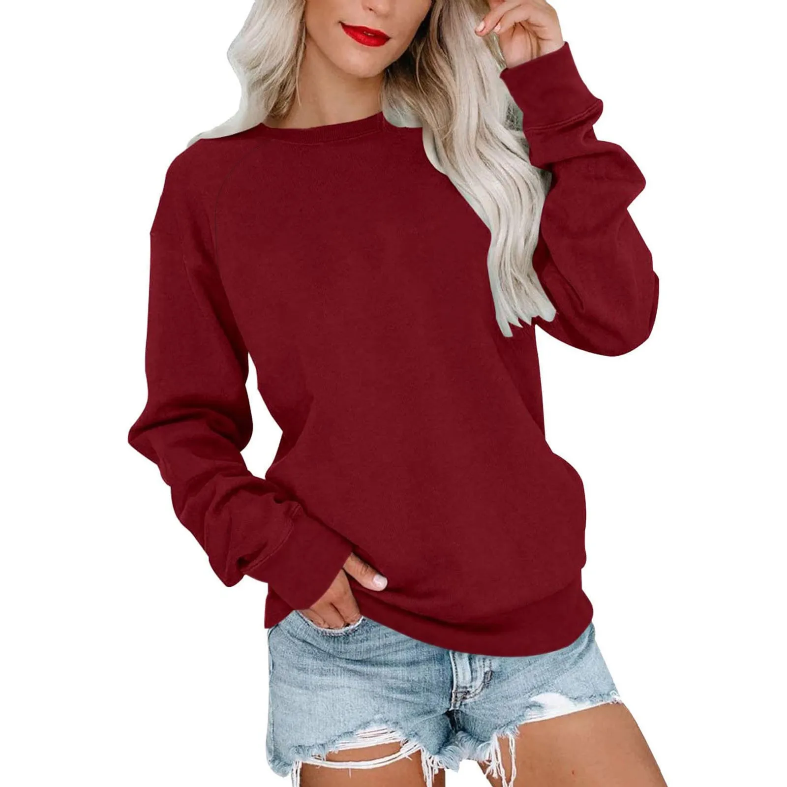 

2023 Women Classic Sweatshirt Stretchy Pullover Top Round Neck Long Sleeve Solid Color Loose Fashion All Match Lady Sweatshirt