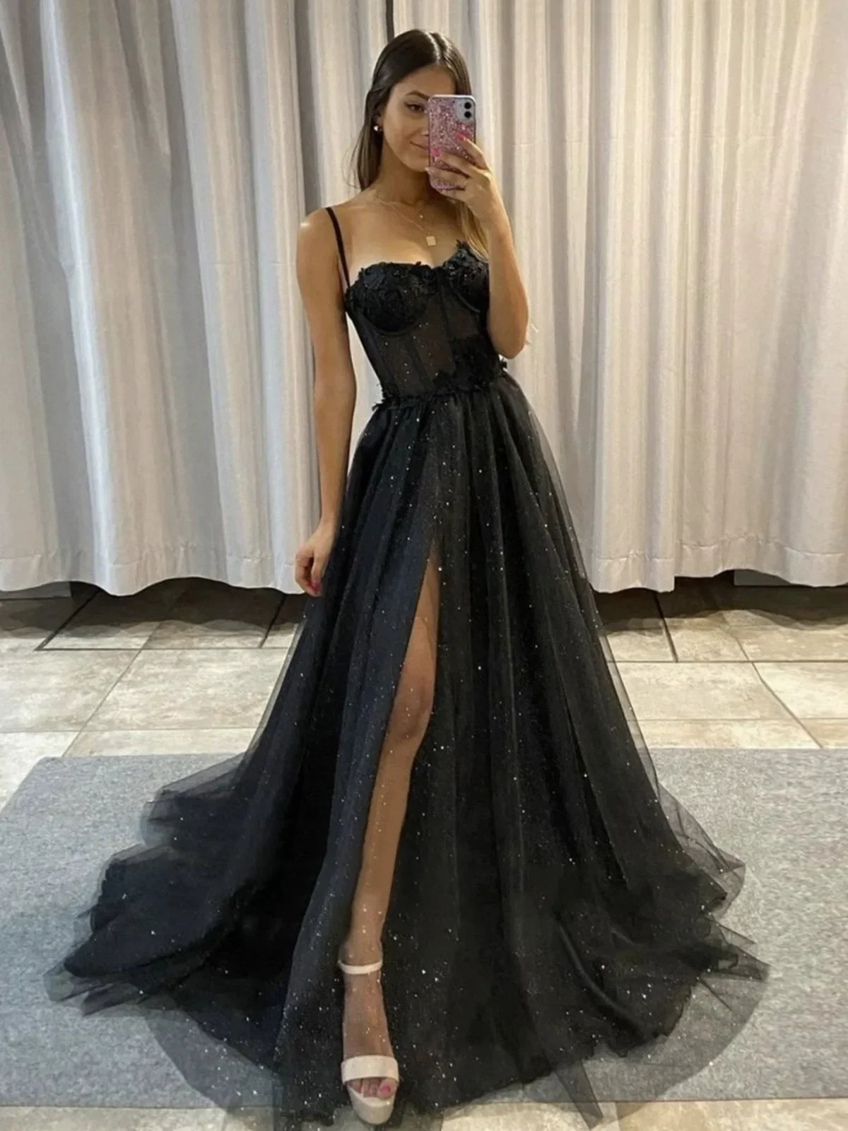 Black Spaghetti Straps Long Evening Party Gowns Robe De Soiree Sexy Side Split Applique Floor-Lenbth Formal Prom Customized