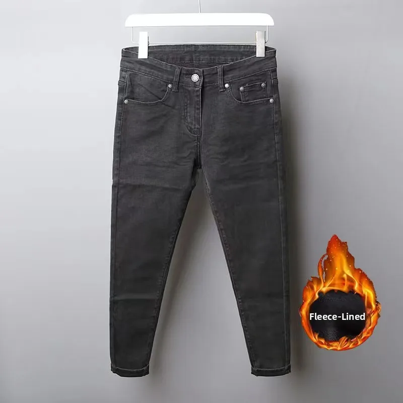 

Men's Fce Lined Skinny Jeans Thi Warm Winter Faion Youth Casual Straight Leg Zipper Middle Waist Cotton Denim Pants