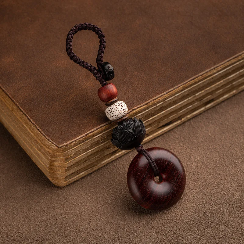 Buddha Beads Handmade Carving Wooden Lotus Genuine Sandalwood Buckle Keychain Men and Women Car Keyring Bag Pendant Gift