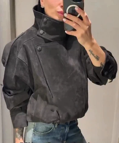 Solid Women Stand Collar Jacket Retro Full Sleeve Oversize Short Jackets 2026 New Spring Vintage Lady Casual Daily Street Coats