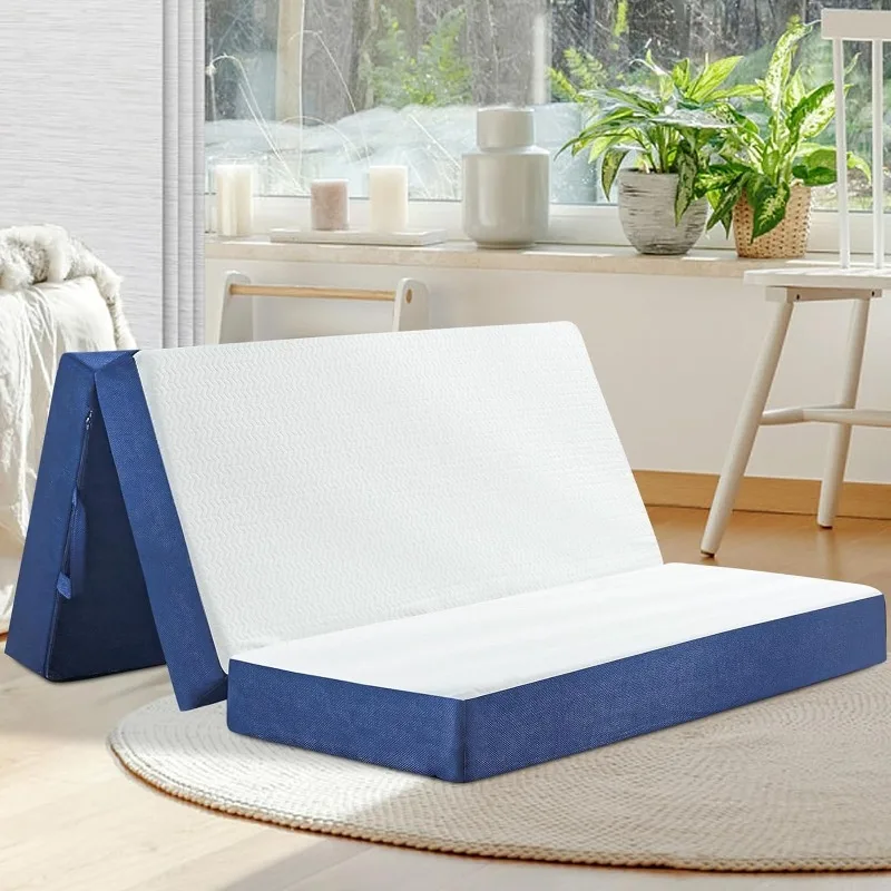 

Tri Folding Memory Foam Cot Mattress, 4 Inch Foldable Mattresses Topper with Cover for Travel/RV/Camping/Guest (25"×75"×4")