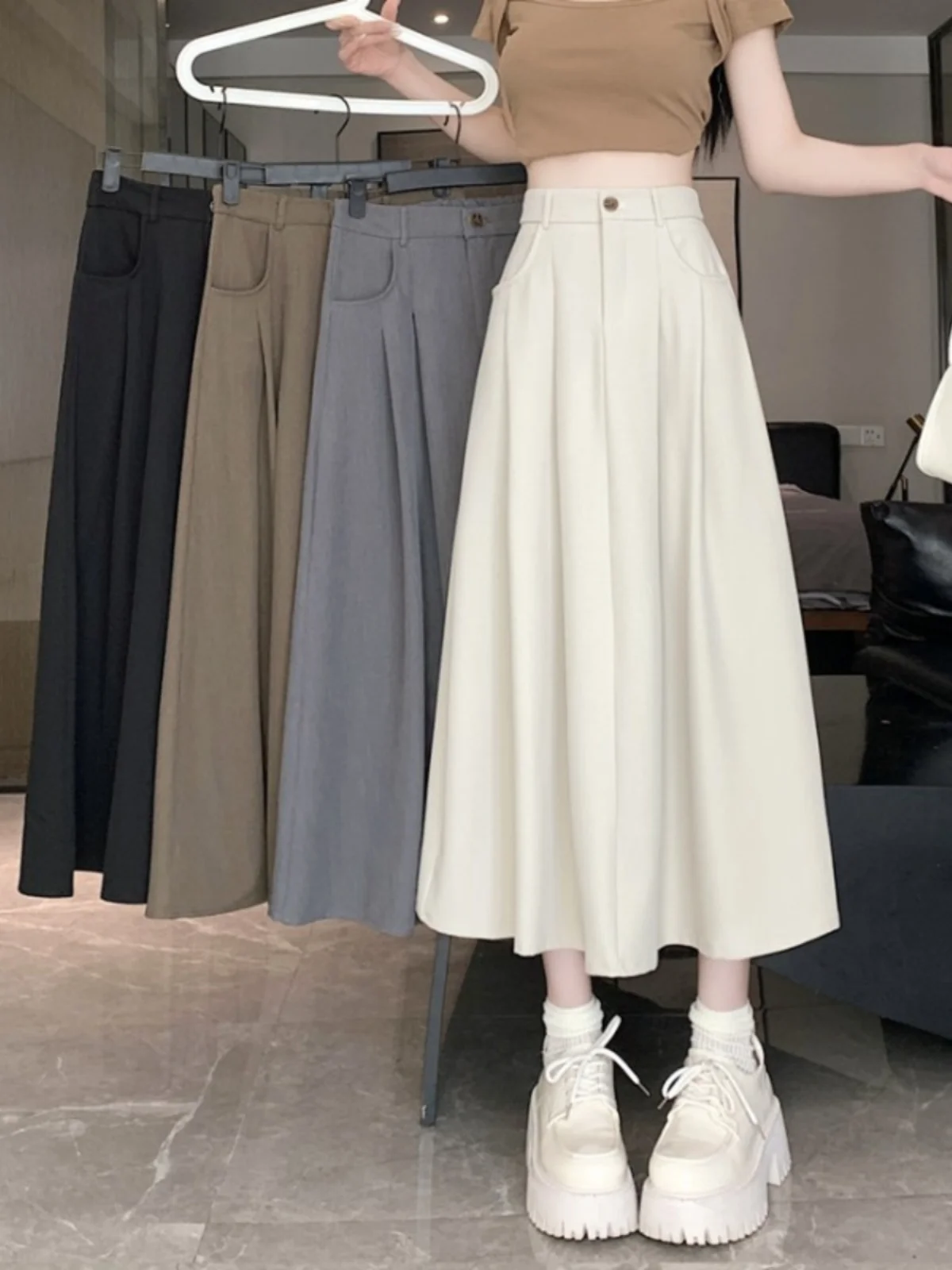 High Waist A-Line Midi Skirt Women's Autumn Summer Versatile Casual Drapey Fabric Beige Color Commute Style Pure Color Skirt