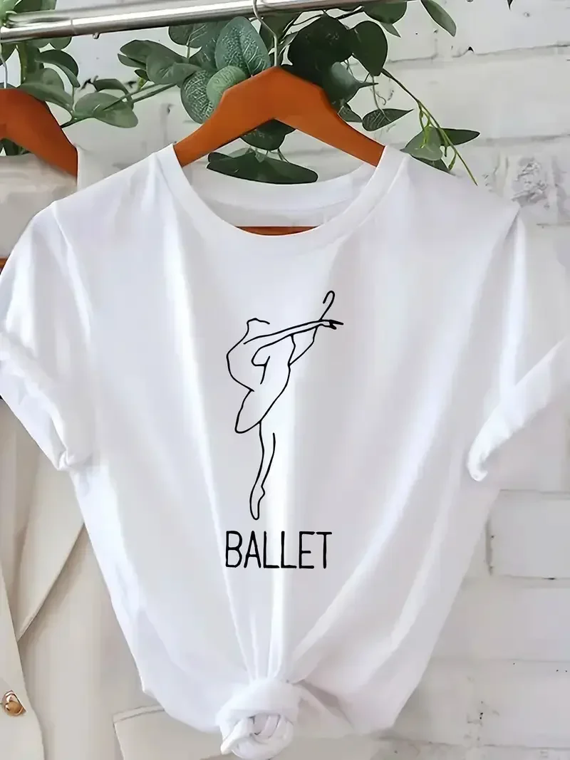 เสื้อยืดคอกลมแขนสั้นลายกราฟิกธีมบัลเลต์สำหรับผู้หญิง ดีไซน์นักเต้นบัลเลต์
