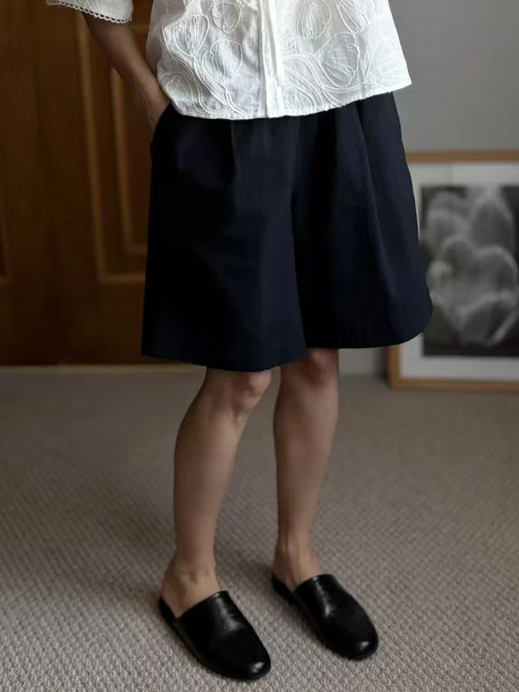 Summer White Bermuda Shorts For Women Loose A Line Lyocell Long Shorts Baggy Lady High Waist Women's Navy Wide Leg Shorts Cotton