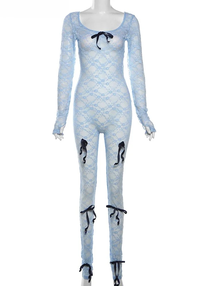 Schleife Durchsichtiger Overall Damen Y2K Jacquard Sexy Sommer Coquette Low-Neck Midnight Clubwear Elastische Workout Overalls