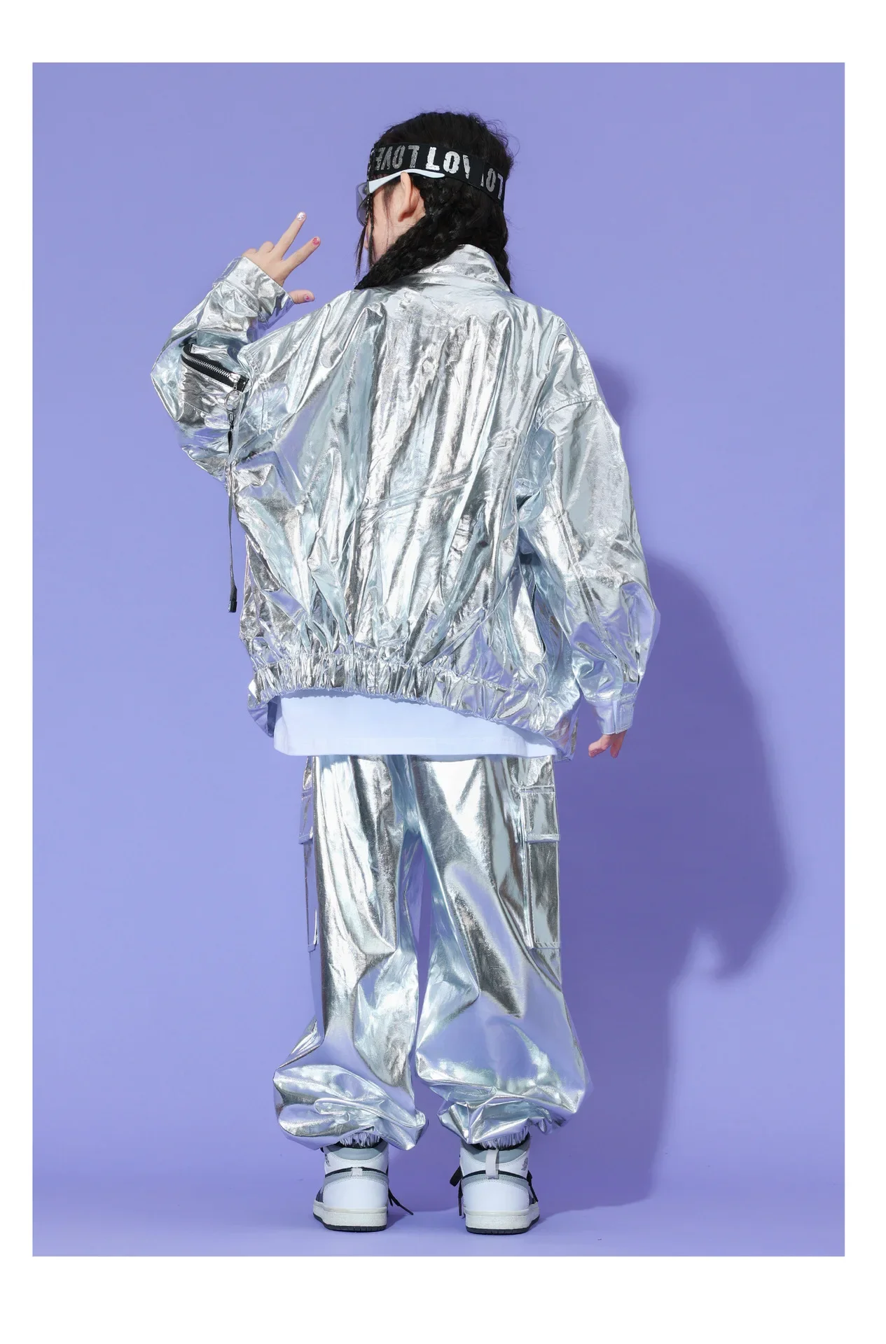 Neues Kinder-Hip-Hop-Set aus glitzerndem silbernem Leder, Bühnenkostüm für Mädchen, Street-Dance-Kopf-Performance-Kostümset für Jungen – Detail 12
