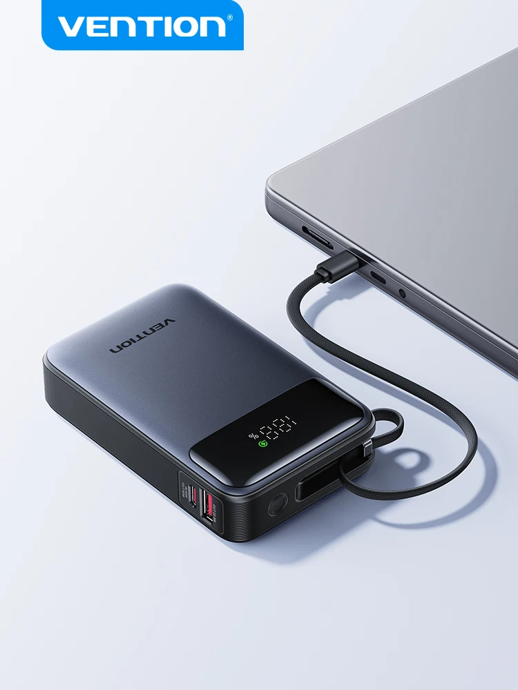 Vention 65W Power Bank 20000mAh z wbudowanym kablem USB-C, przenośny powerbank do laptopa, szybka ładowarka PD do iPhone 17, Samsung S25, S24 — zdjęcie 2