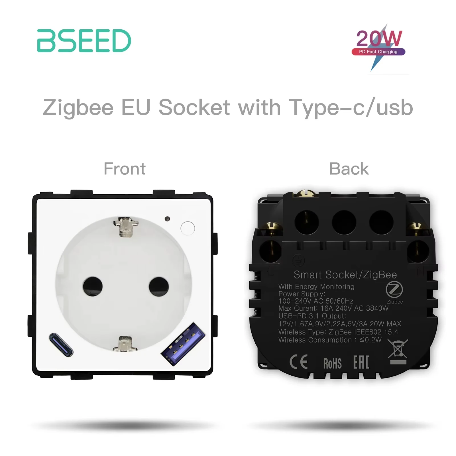 BSEED Zigbee Smart Socket Part Power Monitor Outlet With USB Type-C DIY Parts 20W Fast Charge Tuya Smart Life Alexa App Control