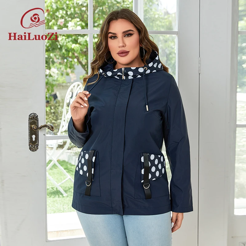 HaiLuoZi 2023 New Plus Size Women Clothing Short Hooded Trench Coat High Quality Windbreaker Polka Spot Women\'s Jackets 733